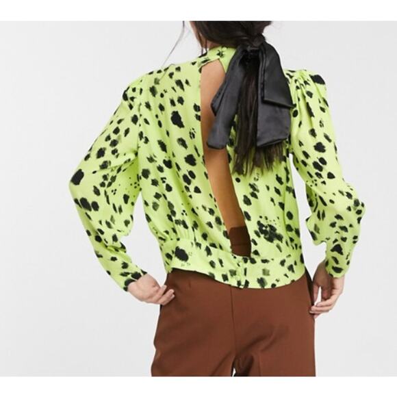 ASOS White High Neck Open Back Green With Abstract Splodge Black Print Size 6 - Picture 2 of 10